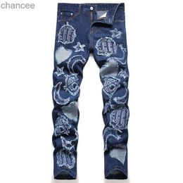 Automne hommes bleu classique jean mi-taille mince brodé Denim crayon pantalon Hip Hop déchiré mode vêtements HKD230829