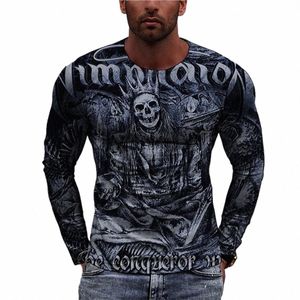 Automne Vêtements pour hommes Lg manches col rond T-shirt Fi 3D éléments d'horreur crâne graphique T-shirts Casual Street Y2K Tops T5Wp #