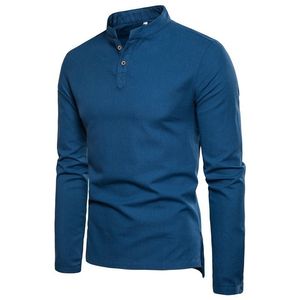 Chemises en coton pour hommes, Style chinois, Slim Fit, manches longues, hauts pour hommes, couleur unie, chemise en lin respirant, automne