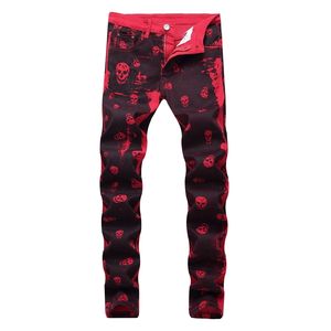 Herfst heren mode skelet skull printed nacht club persoonlijkheid jeans mannelijke slim fit rode denim broek lange broek, 9001 210723