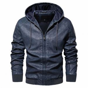 Veste de moto en cuir à capuche pour hommes d'automne Fi Slim Zipper Vintage Locomotive Vestes en simili cuir Manteau coupe-vent bleu l75g #