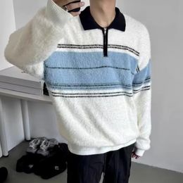 Automne Men's Tritted Polo Collar Light Luxury Drawn Sweater vintage Stripe Long Sleeve Tricoted M-2XL 231228