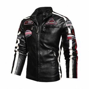 Veste en cuir de moto d'automne pour hommes Casual Patchwork Vintage Pardessus Biker PU Broderie Bomber Zipper Vestes en polaire Homme J9Zv #