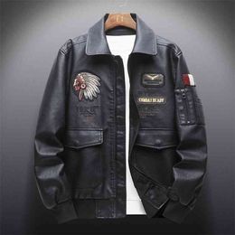 Vestes en cuir rétro d'automne pour hommes broderie vêtements d'extérieur décontracté moto veste en cuir biker coupe-vent multi-poches 210923