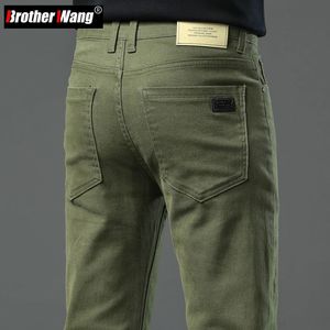 Herfst mannen Slanke Stretch Jeans Modieus en Veelzijdig Zachte Stof Denim Broek Legergroen Koffie Mannelijke Merk Broek 240122