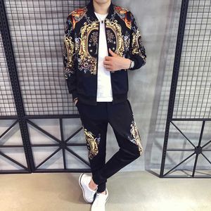 Herfst Heren Sport 2-Piece Gold Print Jacket + Pant Tracksuit Suit 2021 Nieuwe Mannen Sportswear Hombre Heren Casual Printing Pak Y0831