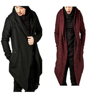 Automne Hommes Coupe-Vent Mâle À Capuchon Irrégulière Hem Cardigan Veste Pardessus Trench À Boutonnage Coupe-Vent Chaud Streetwear Thic 211011