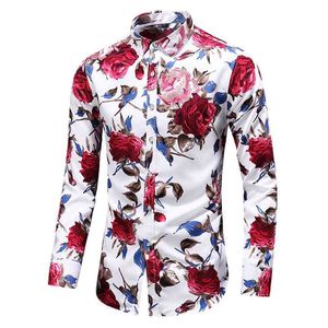 Herfst Mannen Slanke Floral Print Lange Mouwen Shirts Modemerk Party Vakantie Casual Jurk Bloem Shirt Homme Plus Size 7XL 210809