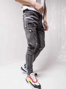 Herfst Mannen Rekbare Gescheurde Skinny Jeans Biker Hoge Kwaliteit Jeans Slim Fit Denim Bekrast Hoge Elastische Voet Zip Potlood broek X0621