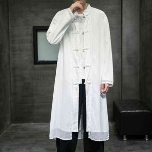 Autumn Men White Linen Trench Coat 2022 Mens los Long Chinese type katoenen windjack mannelijke mandarijnkraag Cardigan Robe L220706