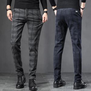 Automne hommes brossé Plaid pantalons décontractés mode coréenne élastique coton mince pantalon de travail droit marque vêtements noir gris bleu 240305