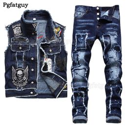 Automne Mens Denim Ensemble à deux pièces broderie décontractée gilet de crâne et ragud peinture patch stretch jeans 2pcs sets conjuntos de hombres 240428