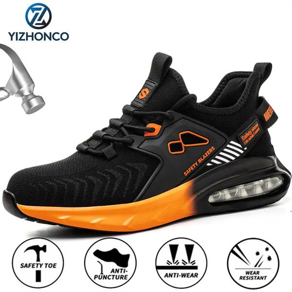 Automne chaussures de sécurité pour hommes coussin d'air Orange chaussures de sport à bout en acier chaussures de sécurité noires pour hommes chaussures industrielles anti-écrasement 240228