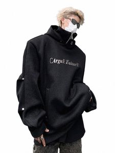 Automne métal impression tridimensionnelle épaule rembourrée double couche col roulé sweats à capuche pour hommes vestes de rue Q2rt #