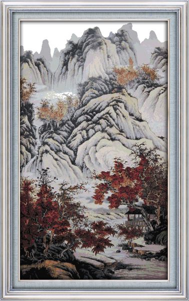 Peinture de décoration de maison d'arbres rouges de montagnes d'automne, ensembles de broderie au point de croix faits à la main, imprimés comptés sur toile DMC 14CT / 11CT