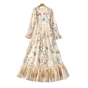 Herfst veelkleurige bloemenprint jurk met kralen, lange mouwen, ronde hals, pailletten, lange maxi-casual jurken S3O261026
