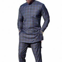Otoño musulmán Fi Ropa para hombres Impreso LG Manga Camisa Traje Estilo étnico 2 Conjuntos de pantalones de chándal Bola de boda Traje casual O6Ol #