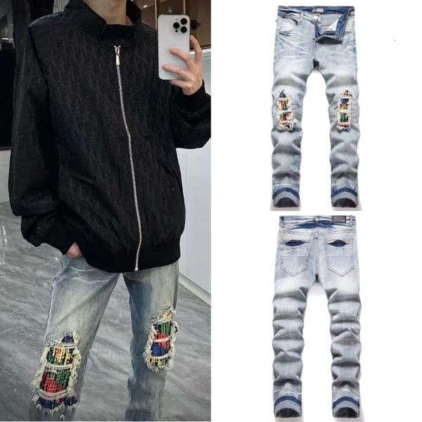 Otoño nuevo Amlri Patchwork rasgado parche Jeans para hombres bordado ajustado ajustado elástico bordado pantalones largos