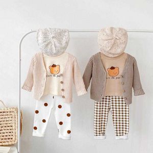 Herfst Nieuwe Beer Print Lange Mouw T-shirt voor Baby Jongen Zuigeling Meisje Plaid Leggings Kinderen Knit Cardigan Jas 3 stks Baby Kleding Set G1023