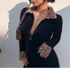 Automne nouveau design femmes mode européenne motif léopard fausse fourrure col manchette tricoté moulante sexy court cardigan manteau knit261V