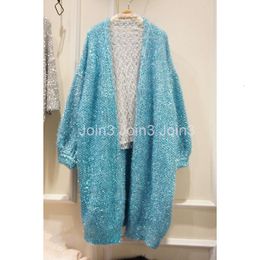 Herfst nieuw ontwerp dames v-neck lange mouw losse palazzo mohair wol gebreide lurex shinny trui vest medium lange jas