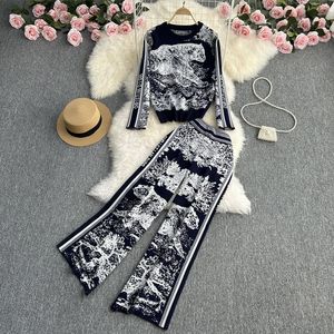 Otoño nuevo diseñador pantalones conjunto para mujer cuello redondo manga larga contraste tejido superior elástico cintura alta pantalones de pierna ancha conjunto de dos piezas 2023