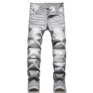 Autumn Nieuwe Europese en American Hole Stitching Jeans for Mens Pure Gray Elastic Ultra Dunn Pencil Patloin Motorfietsstijl Kleding J240507