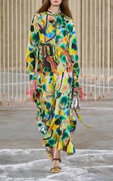 Herfst nieuwe Europese en Amerikaanse vintage jurk met digitaal printverloop, ronde hals, tailleband, vissenstaart, lange mouwen, lange jurk 10