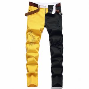 Herfst Nieuwe Fi Heren Y2K Zwart Geel Patchwork Jeans Vintage Gescheurde Gaten Skinny Jean Mannen Denim Goth Broek Pantal Homme l6U8 #