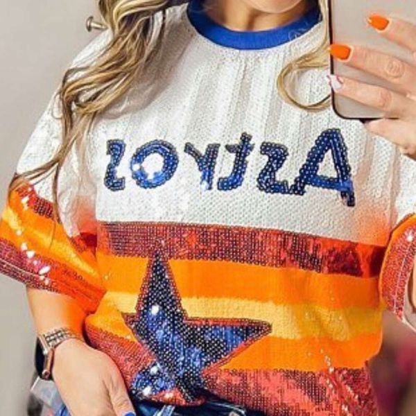 Autumno Nuevo Patchwork Color Sequins Geometry Letter Streetwear Femenino Camiseta de manga corta Summer Hip Hop Night Club Women's Tops