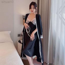 Herfst nieuwe sexy robe set 2 stuks dames nachtkleding satijn kimono badjo badjurk met kant losse intieme lingerie lounge slijtage l220803