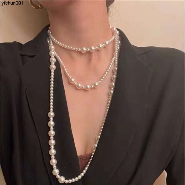 Collier de perles à trois couches pour femme, élégant, Long dîner, Style français, chaîne de pull, nouvelle collection automne