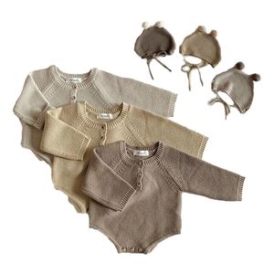 Autumn New Toddler Boys Girls Knitted Bodysuit Infant Jumpsuit Knitwear Outfits Newborn Sweater And Baby Knit Hat 210309