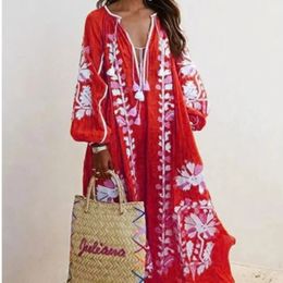 Herfst nieuwe V-hals met lange mouwen met lange mouwen geprinte dames losmaken jurk elegante etnische stijl maxi jurk strandvakantie VAST 231213