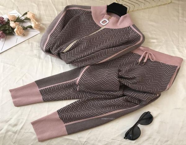 Outumn New Women Geométrico Knitting Track Situit Cardigans Chaqueta Pantalones Femenino Invierno Diseño de moda 2 PCS Set Tz487468055