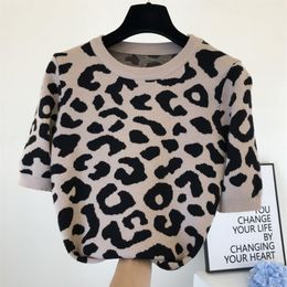 Herfst nieuwe dames o-hals luipaardprint met korte mouwen gebreide mode-trui tops trui shirt200q
