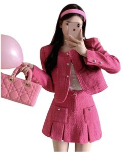 Herfst nieuwe dames O-hals roze tweed kort jasje en geplooide rok twinset 2-delig rokkostuum SML