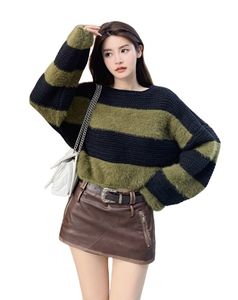 Pull tricoté en laine mohair pour femme, col slash, motif à rayures patchées, hauts courts, nouvelle collection automne
