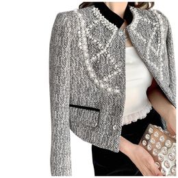 Automne nouveau col montant femme style royal laine couleur grise perles strass veste courte manteau SMLXLXXL