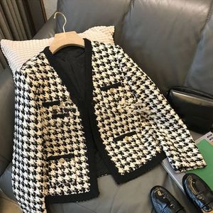 Autumn New Dames Tweed Jacket Wollen Houndstooth Plaid Grid Color Block Short Coat Plus Size Casacos SMLXL