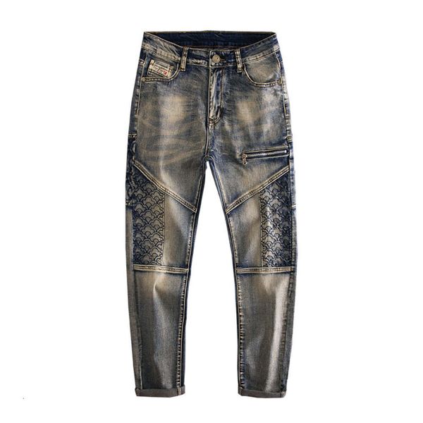 Automne Nostalgic Patchwork Broidered Motorcycle Jeans, Slim Fit Slim Fit Pantalon à cycle à la mode élastique