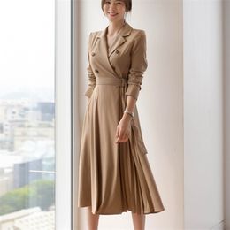 Automne bureau dame plissé longue Robe de soirée femmes coréen décontracté cranté ceintures Robe Femme élégant porter au travail Vestido 210514