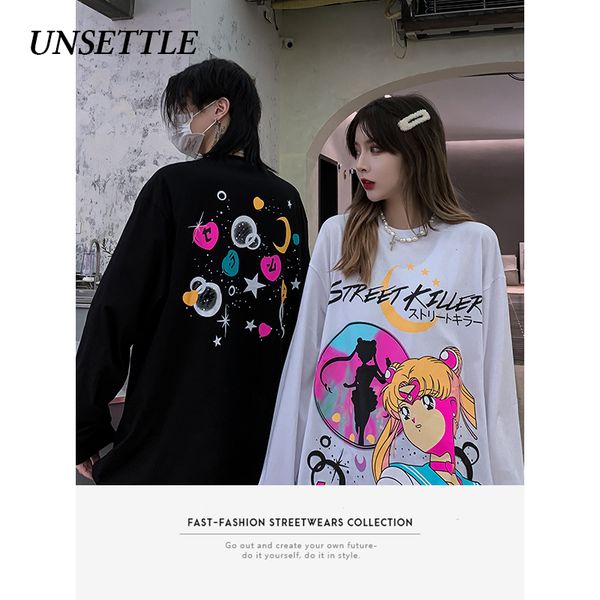 Automne Surdimensionné t-shirt Femmes Harajuku Graphique Sailor Moon Imprimer Hommes À Manches Longues Hip Hop Streetwear T-shirts Coton Tops 201203