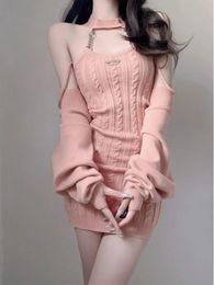 Herfst Roze Gebreide Pakken Kantoor Dame Casual Y2k Crop Tops Mini Jurk Korea Mode Kleding Zelfs Party 2 Stuk jurk Set240305