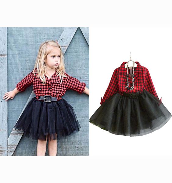 Vestido a cuadros de otoño para niñas, vestido de baile de malla con costuras de princesa para niños 039s, vestidos con cuello vuelto para niños, ropa 9510701