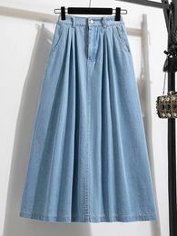 Automne plus taille de tailles denim jupe femmes hautes taille élastique bleu ou ciel bleu couleur coréenne mode une ligne de jeans midi jupes 240412