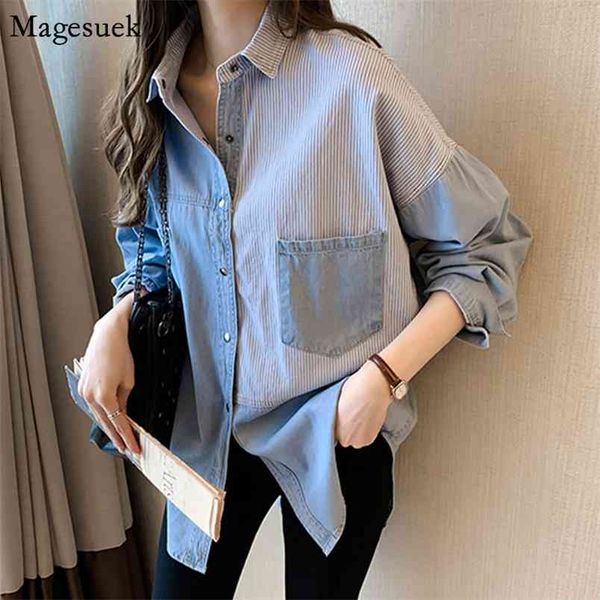 Otoño Tallas grandes Denim Mujer Blusa Coreana Camisas de manga larga Blusas Patchwork Loose Ladies Blusas 7256 210512