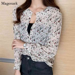 Herfst Plus Szie Vintage Chiffon Blouse Vrouwen Koreaanse V-hals Lange Mouwen Top Losse Print Floral Pullover Shirt 11706 210512