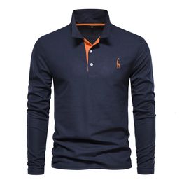 Automne Polo t-shirt pour hommes broderie couleur unie à manches longues Golf Polos Homme printemps Social Business Polos mâle 240111