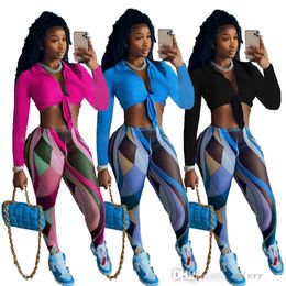 Herfst gedrukt Tweedelige Pant Set Trainingspakken Pakken Skirt met lange mouwen Turn Down Collar Crop Top en Workout Legging Vrouwelijke kleding